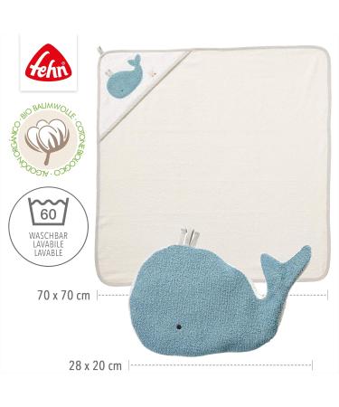 Fehn Baby Whale Bath Towel & Washing Glove Set - Organic Cotton Hooded Towel for Babies & Toddlers 0+ Months - Cute Whale Design Poncho - Buy Online on SooperMarket.com