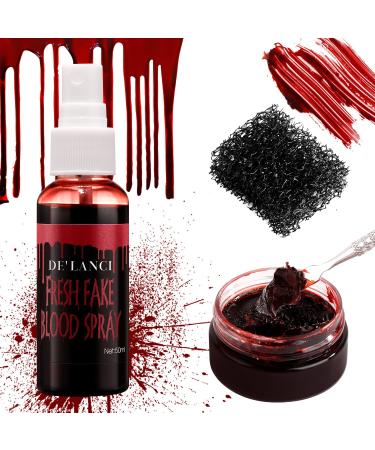 DE'LANCI Fake Blood Spray Splatter + Fake Scabs Coagulated Blood Gel + Stipple Sponge  Washable Fake Blood for Clothes Eyes Face Skin  Fake Blood Makeup Kit for Halloween Vampire  Zombie and Sfx Wound