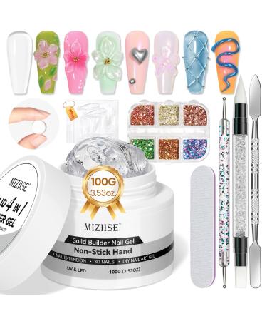 MIZHSE 100g Solid Builder Gel for Nails Large Capacity Clear Hard Gel for Nails 3D Sculpting Gel for Nail Art Gel U V LED Nail Builder Gel Kit with 3D Silicone Pen for Nail Salon Home DIY