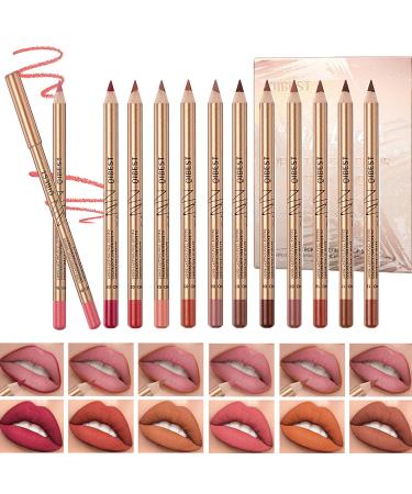 DENESTUP 12 pcs Lipstick Pencil Matte Lip Liner Set Plump Nude Lip Shape No Smudge Longwear Non-sticky High Pigmented Natural Lip Gloss Primer Makeup