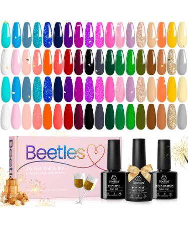 Beetles Gel Polish Set 36 Colors Free Journey Collection Pastel Bright Glitter Green Blue Gel Nail Kits with 3Pcs Matte Glossy Top Base Coat Soak off All Seasons
