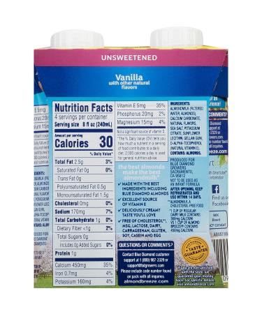 Almond Breeze Dairy-Free Almondmilk Unsweetened Vanilla 8 oz (Pack of 4) - Buy Online on SooperMarket.com