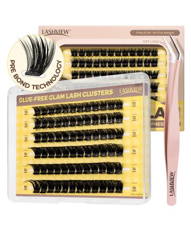 LASHVIEW Self Adhesive Lashes Clusters Eyelashes Press-on Lashes 10-16mm Individual Lash Extension Kit with Lash Tweezers No Glue Needed Natural Self Adhesive DIY Eyelash Extension Kit (F24) ZNF24