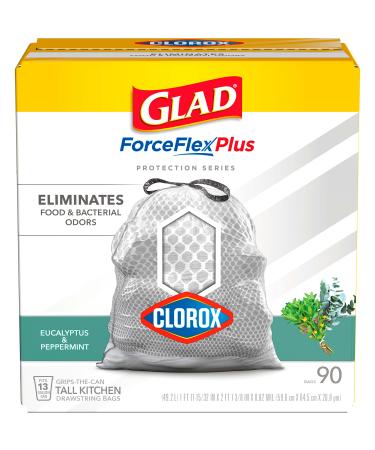 Glad Tall Kitchen Trash Bags ForceFlexPlus with Clorox, 13 Gallon, Eucalyptus and Peppermint, 90 Count (Package May Vary)