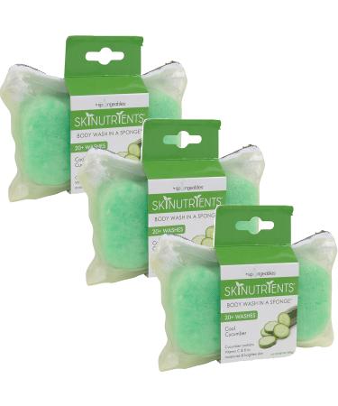 Spongeable skinutrients Moisturizing Body, Wash in a Sponge With Bonus Travel Bag, 20+ Washes, Cucumber, 3 Count