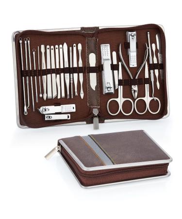 Coolzon manicure set 26-part professional nail clip set stainless steel nail set Tools for manicure and pedicure nail shaping cleaning advanced zip pocket design brown