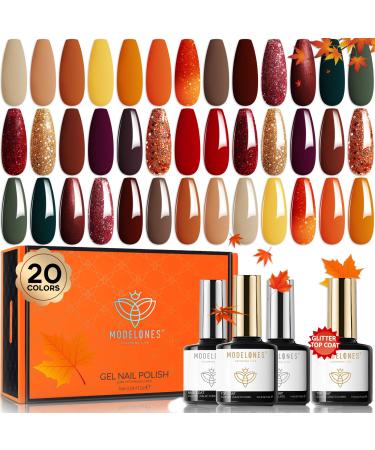 modelones 20 Colors Gel Nail Polish Kit Fall Winter Gel Polish Set Soak Off Nail Polish Kit with Glitter Glossy and Matte Top Base Coat DIY Manicure at Home A- 1 Cozy Campfire