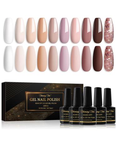 Shining She Gel Nail Polishes Set 10 Colors Nude Pink White Champagne Brown Glitter Gold Gel Polish Set Soak-Off UV/LED Nail Polish Gel Gift for Nail Art Salon DIY Home 8ML Nude Brown