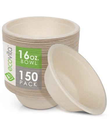 Ecovita 100% Compostable Paper Bowls 16 oz.  150 Disposable Bowls Eco Friendly Sturdy Tree Free Liquid and Heat Resistant Alternative to Plastic or Paper Bowls