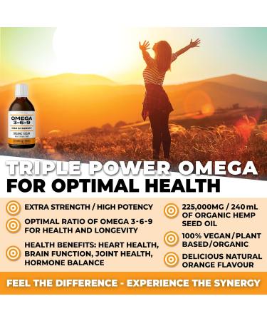 OMEGA 3-6-9 SYNERGY: Organic / Vegan / 225 000MG / 240ml. Organic Omega 3 6 9 With Hemp Oil. Extra Strength + High Potency for Joint Pain / Heart / Brain / Stress / Immune Support. Rich in GLA. Natural Orange Flavour - Buy Online on SooperMarket.com