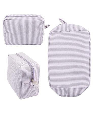 Seersucker Cosmetic Bag - Large Makeup Pouch Travel Toiletry Case | Purple Organizer for Women & Girls - Buy Online on SooperMarket.com