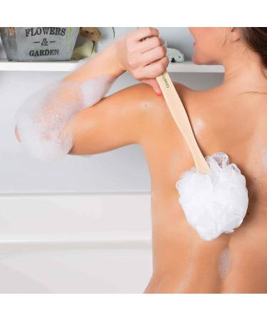 Long Handled Shower Loofah on a Stick Body & Back Scrubber - Bath Sponge Brush with Wood Handle for Men & Women - Easy Reach Lotion Applicator - 1 Count - Buy Online on SooperMarket.com