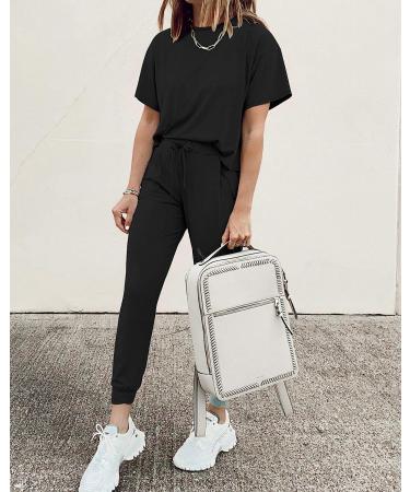 PRETTYGARDEN Women's Short Sleeve Pullover with Long Pants Tracksuit Set - Black - Size Medium - Buy Online on SooperMarket.com