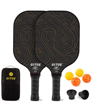 GITOE Pickleball Paddles, Carbon Fiber Pickleball Set of 2 Rackets & 4 Pickle Balls Great Control Lightweight Graphite Raquettes with 2 Retriever, Pickelball Gifts for Women Men Kids Black & Gold