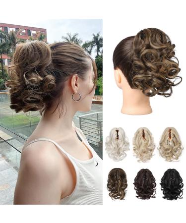 REECHO Ponytail Extension 9" Claw Clip in Short Curly Wavy Pony Hair Extension Jaw Clip on Pony Tail HP001 Hairpiece for Women - Chocolate Brown with Highlights