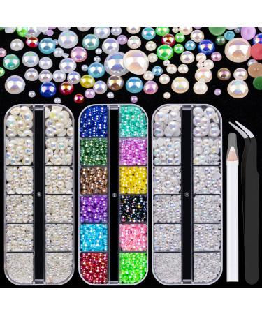3800 Pcs 3 Boxes Flat Back Pearls Kits Flatback Colorful AB+White AB+Beige AB Half Round Pearls with Pickup Pencil and Tweezer for Home DIY and Professional Nail Art  Face Makeup and Craft 10-colorfulAB+whiteAB+beigeAB