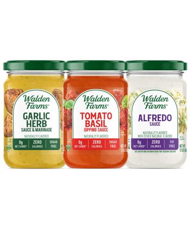Walden Farms Pasta Sauce Variety Pack, 12 oz Jars, Sugar, Fat, Calorie, and Dairy Free for Pasta Noodles, Chicken, and Fresh Recipes, Thick and Creamy, Vegan Friendly, Light Alfredo, Tomato Basil Marinara, Garlic Herb Sauce Garlic & Herb / Alfredo / Tomat