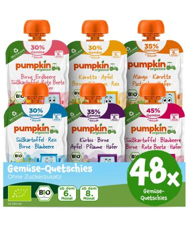 Pumpkin Organics 48 Pack Querbet Bio Vegetables Quetschies - Quetschie Without Sugar Supplement - Baby food for babies from the 8th month - Vegetarian (48x100g) 100 g (48 pack)