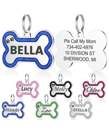 Dog brand with engraving - Yhananti personalized pendant for small to medium -sized dogs in glitter bones - stainless steel dog brand personalized with name telephone number and address (blue small) S blue