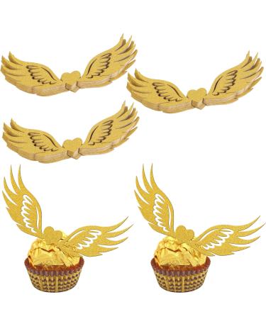 Rsstarxi 36 Pack Golden Wings Chocolate Decoration Wizard Party Chocolate Decoration Hollowed Wings Wafer Cupcake Toppers for Baby Shower Birthday Paty Cake Decorations Design 1