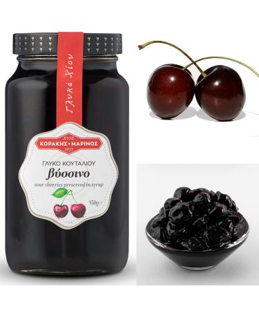 KORAKIS-MARINOS | Greek Sweet Fruit Preserve Sour Cherry in Syrup | Handmade Spoon Sweet Compote | Net Weight 950g Glass Jar