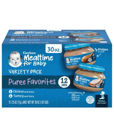 Gerber Baby Foods 2nd Foods Meat Variety Pack, Chicken & Turkey, Mealtime for Baby, 2.5 Ounce Jar (Pack of 12)