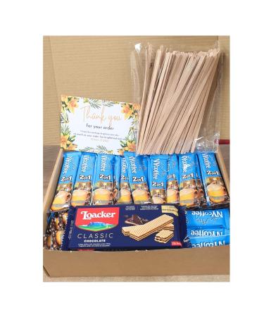 Temas NY Coffee 2 in 1 Instant Coffee Sachets Pack of 120 - Bundled with Loacker Chocolate Wafers 90g & Pack of Temas 120 Coffee Stirrers - Comes in a Brown Craft Box