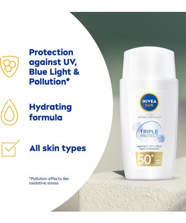 NIVEA SUN Triple Protect Light Sun Fluid SPF50+ (40ml) Face Sun Cream SPF50 with Hyaluron Protects Against UV Blue Light and Pollution Daily Face Sunscreen - Buy Online on SooperMarket.com