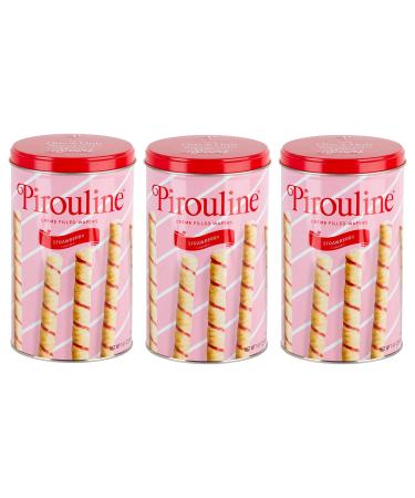 Pirouline Crème Filled Rolled Wafers: Strawberry. (Pack of 3) 14.1 Ounce Tins in New Protective Packaging