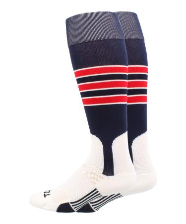 MadSportsStuff Baseball Stirrup Socks 3 Stripe with Featheredge Navy/Scarlet/White X-Large