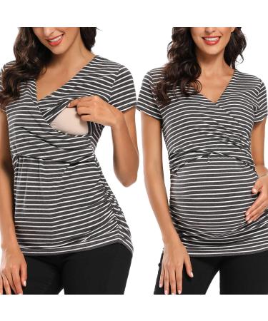 Love2Mi Maternity Nursing Shirt Short Sleeve V-Neck Breastfeeding T-Shirt Pregnancy M Dark White Stripe