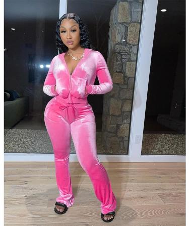 Yidengymx Women's Velour Tracksuit Set | Pink Hoodie & Wide Leg Pants | Long Sleeve Crop Top | Medium - Buy Online on SooperMarket.com