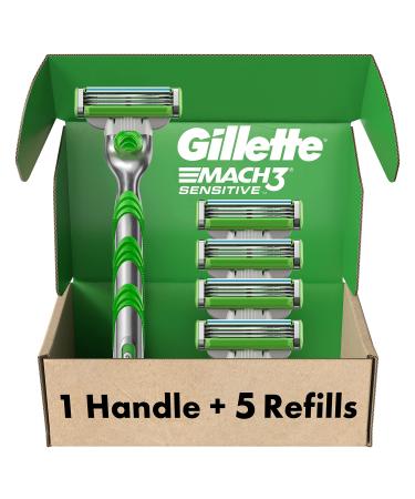 Gillette Mach3 Sensitive Razors for Men, 1 Gillette Razor, 5 Razor Blade Refills, Designed for Sensitive Skin Razor + 5 Refills
