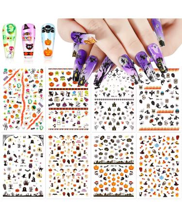 Kalolary Halloween Nail Art Stickers Decals 8 Sheets Self-Adhesive Nail Art Sticker Decals Pumpkin/Bat/Ghost/Witch/Skull Elements Nail Decorations for Halloween Party