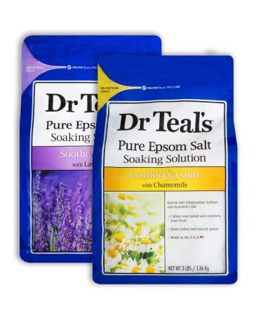 Dr. Teal's Pure Epsom Salt Soaking Solution Gift Set (2 Pack 3lbs ea.) - Soothe & Sleep Lavender Comfort & Calm with Chamomile - Essential Oils Calm The Mind & Promote a Better Nights Sleep