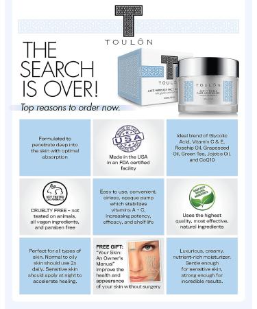 TOULON Glycolic Acid Cream 10% Face Moisturizer | Anti-Aging Wrinkle Cream with AHA | Exfoliating & Hydrating Formula | Ideal for Acne Prone Skin - Buy Online on SooperMarket.com