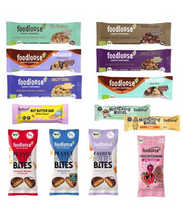 Foodlose bestsell Package |Delicious mix of 13 different organic snacks: nutring fruit gums groove butter Bites & nutcreme bars |Organic vegan gluten and lactose-free bestsell Package 13 snacks