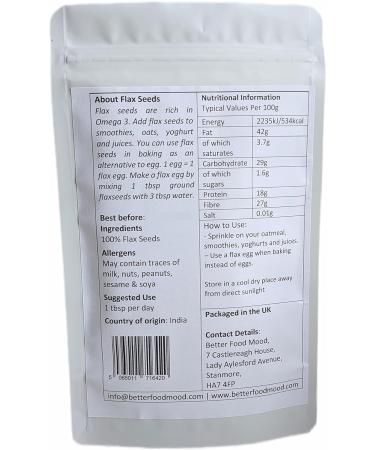 BetterFoodMood Raw Linseed/Flaxseed 100g | Ready to Eat | Unsalted Unroasted | Rich in Omega 3s | High in Protein | for Smoothies Oatmeal Baking - Buy Online on SooperMarket.com
