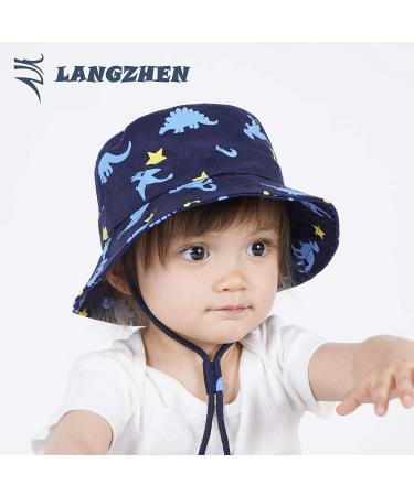 LANGZHEN Beach Sun Protection Hat for Baby Girls | Adjustable Wide Brim Toddler Kids Hat with Chin Strap | Navy Dinosaur Design | Size X (6-12 Months) - Buy Online on SooperMarket.com