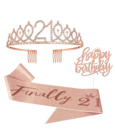 Janinus 21st Birthday Sash And Crown Rose Gold Birthday Decorations For Her Finally 21 Sash  21 Tiaras And 21st Birthday Cake Toppers As Birthday Gifts For Her Rhinestone Headband for Birthday Girl