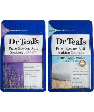 Dr Teal's Epsom Salt Bath Combo Pack (6 lbs Total) Soothe & Sleep with Lavender and Detoxify & Energize with Ginger & Clay
