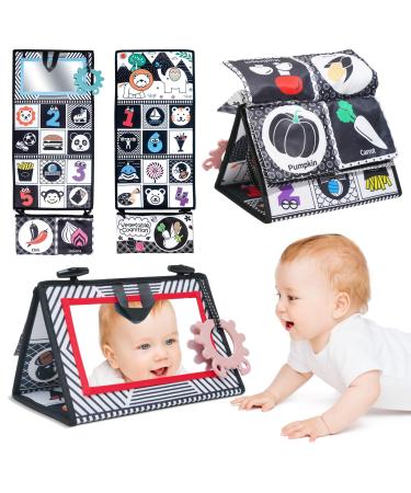 Dcsioike baby toys 0-3-6-9 months baby fabric books with mirror black white contrast montessori toy baby foldable & for hanging gifts for newborn young girl baby mirror toys 01