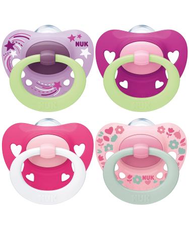 NUK Signature Night & Day Baby Dummies | 18-36 months | Glow in the Dark Soothers | BPA-Free Silicone | Pink | 4 Count Pink 18-36m 2022 4 Pack