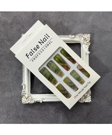 24Pcs Long Coffin Glossy Green Press on Nails with Rose Gold Foil - Full Cover Extra Long Fake Nails for Women (Style 9) - Buy Online on SooperMarket.com