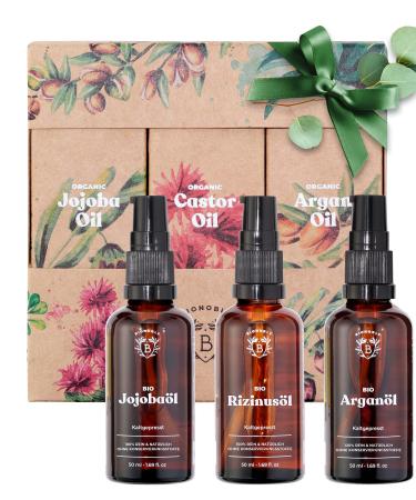 Bionoble wellness set for women 3x50ml - organic castor oil argan oil jojoba oil - The perfect gift: organic products in an aesthetic cardboard packaging - Beauty set face body hair argan oil + jojoba oil + castor oil 50 ml (3 Pack)