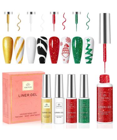 Yueshop Christmas Nail Art Gel Liner Polishes Set 4x 8ml White Gold Red Green Colors Painting Soak Off Collection Drawing UV Gel Nail liner Thin Nail Art Brush Pen Tool for Girls Women's DIY Nail Art Red Green White Gold