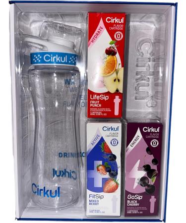 22 oz Plastic Water Bottle Starter Kit with Comfort Grip Lid & 3 Flavor Cartridges (Fruit Punch Mixed Berry Black Cherry) (Blue & Clear) - Buy Online on SooperMarket.com