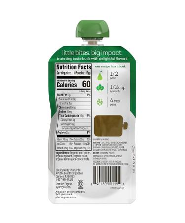 Plum Organics Stage 2 Baby Food Pouch | Pear Spinach & Pea | Organic Squeeze Pack for Babies, Kids, Toddlers | 4oz & 3.5oz (Pack of 6) - Buy Online on SooperMarket.com
