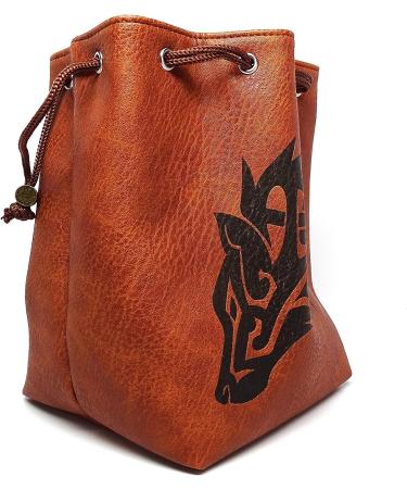 Brown Leather Lite Large Dice Bag with Wolf Design - Holds 400 16mm Polyhedral Dice - Stands Up, Faux Leather Exterior, Lined Interior - Buy Online on SooperMarket.com