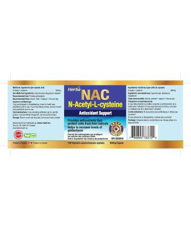 Herba NAC Supplement 600mg 120 Vegetable Capsules | N-Acetyl-L-Cysteine | NAC Supplement 600 mg for Antioxidant | Premium & Pure | Made in Canada | 120 Capsules - Buy Online on SooperMarket.com